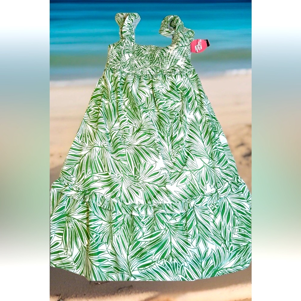 SALE! Hint Of Blush Maternity Dress Green Palm Leaf Design Medium